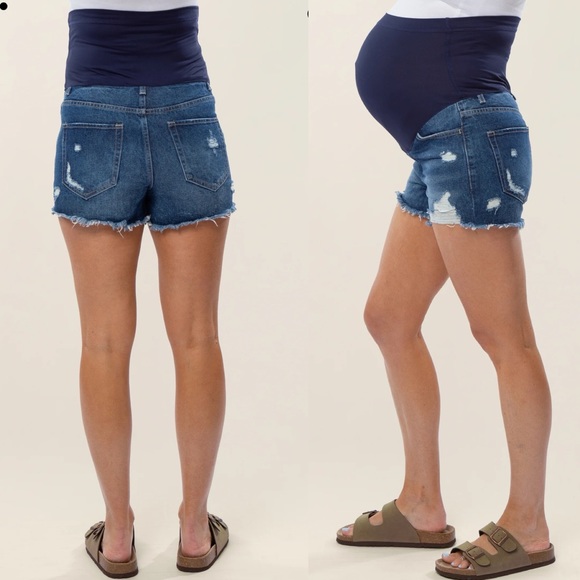 Pinkblush Dark Wash Heavily Distressed Raw Hem Full Panel Maternity Jean Shorts - Picture 2 of 11